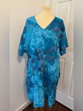 Lands Down Under Linen Dress Blue Abstract Artsy Boho Italian Breezy Size XL